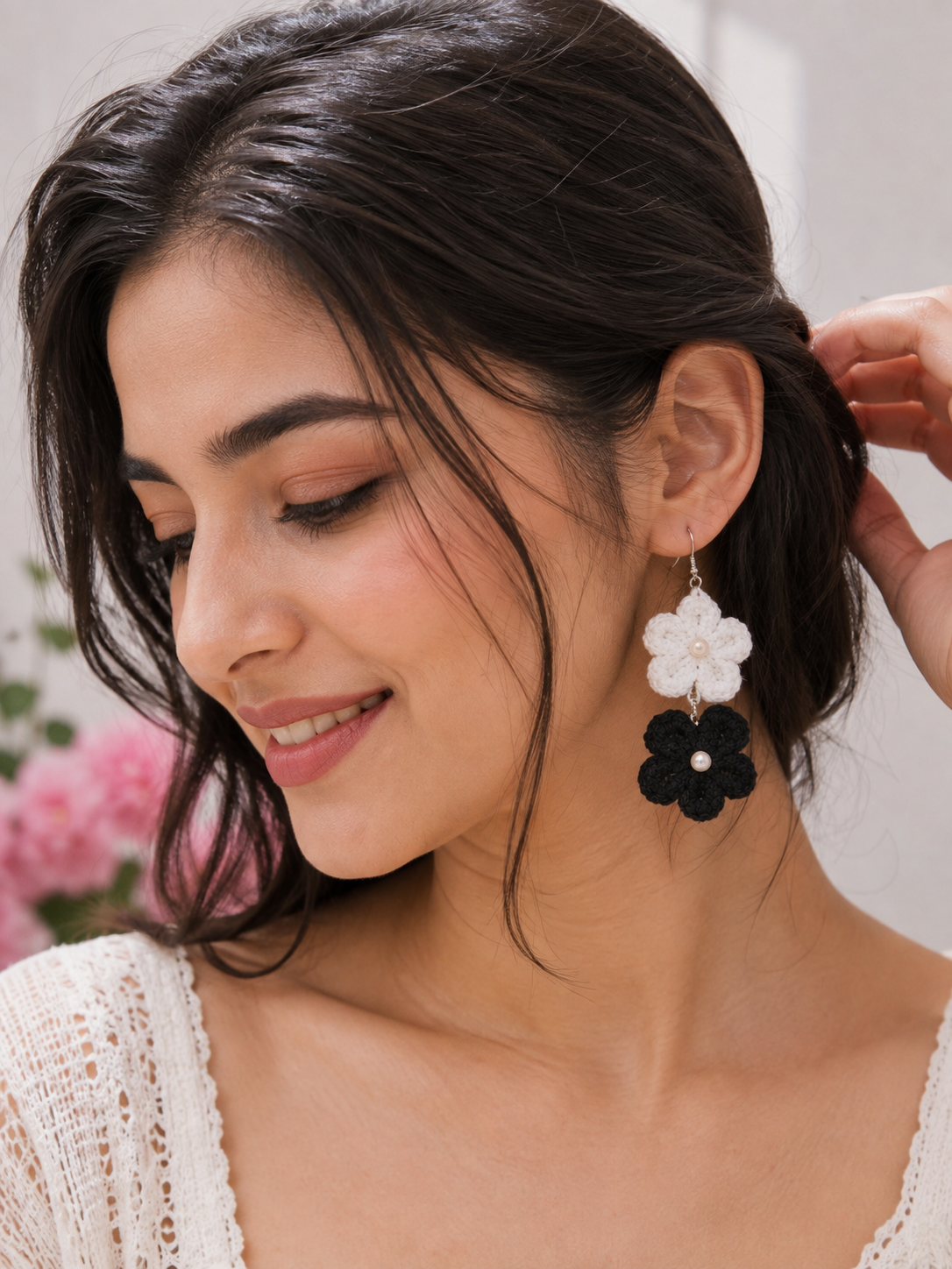 Yarnhug Black & White Floral Crochet Earrings {Random colour}