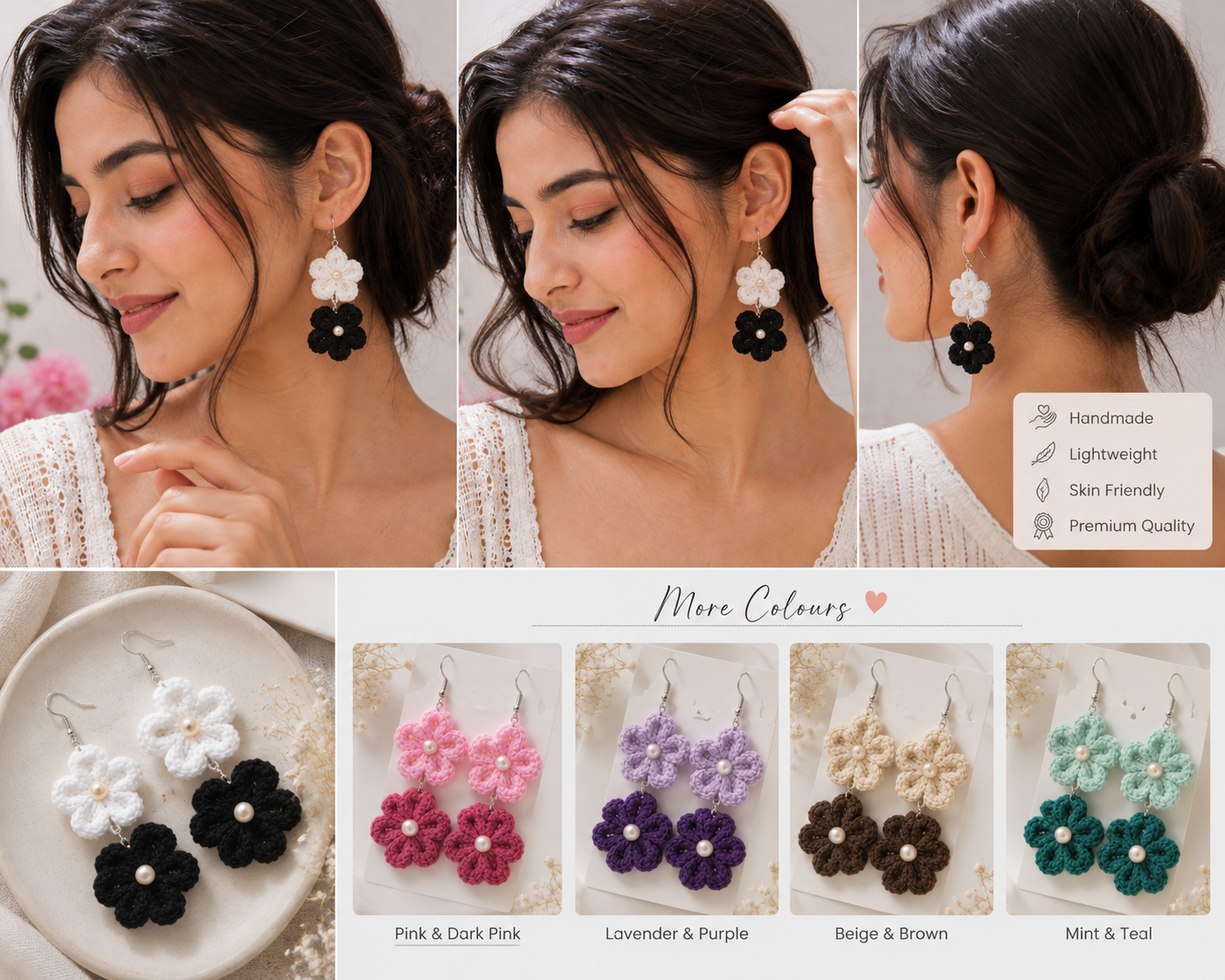 Yarnhug Black & White Floral Crochet Earrings {Random colour} - Image 4