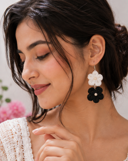 Yarnhug Black & White Floral Crochet Earrings {Random colour} - Image 3