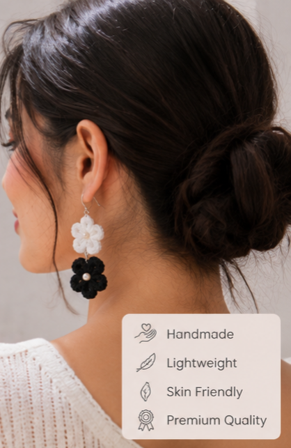 Yarnhug Black & White Floral Crochet Earrings {Random colour} - Image 2